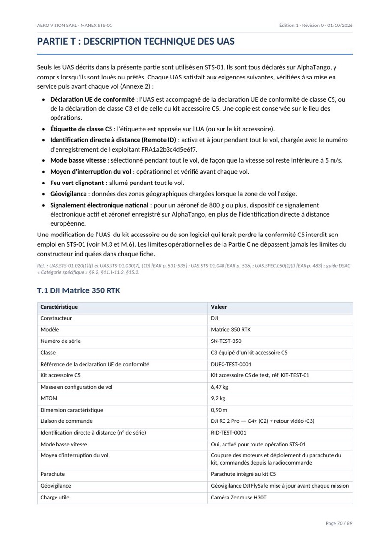 Aperçu d'une fiche technique d'aéronef dans un MANEX généré