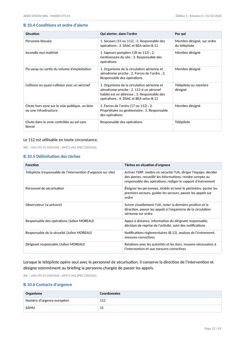 Exemple de MANEX drone rempli — Plan d'intervention d'urgence (partie B)